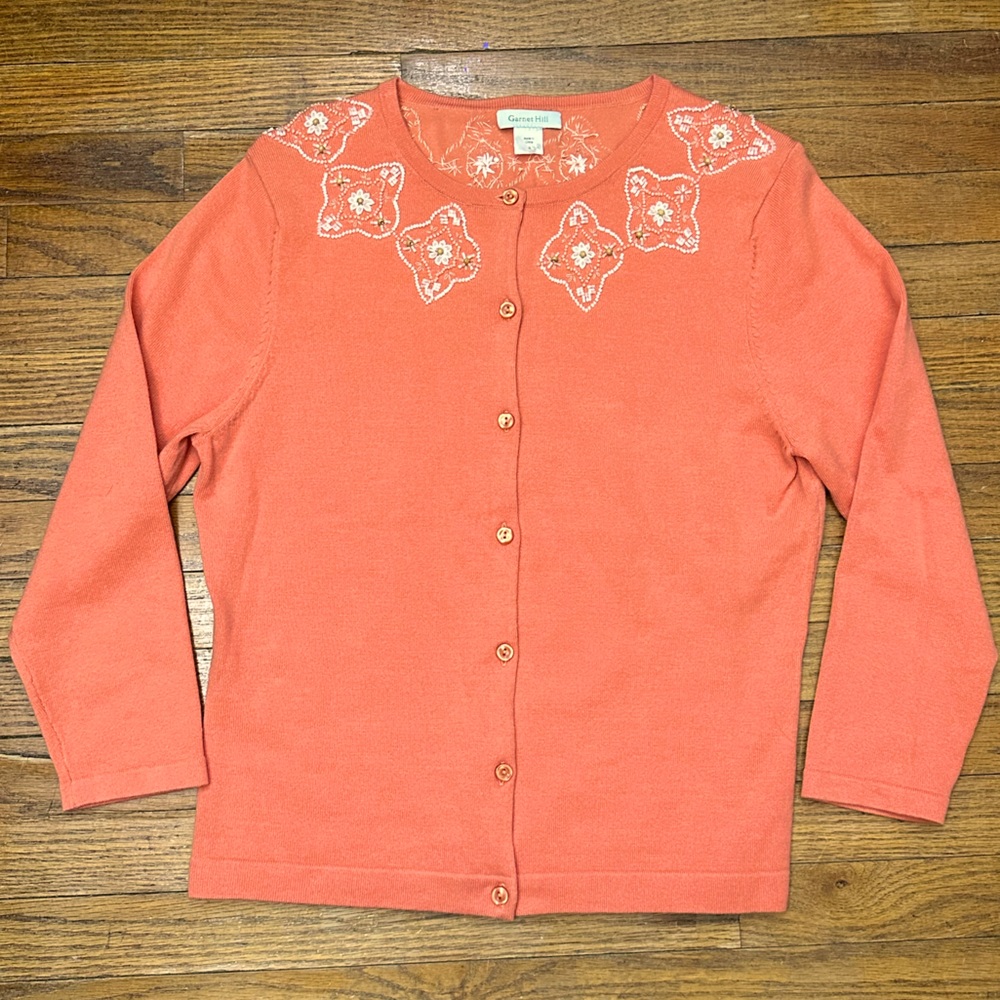 Garnet Hill Size Small Hand Beaded Embellished Floral Orange Cardigan Sweater - Picture 1 of 13